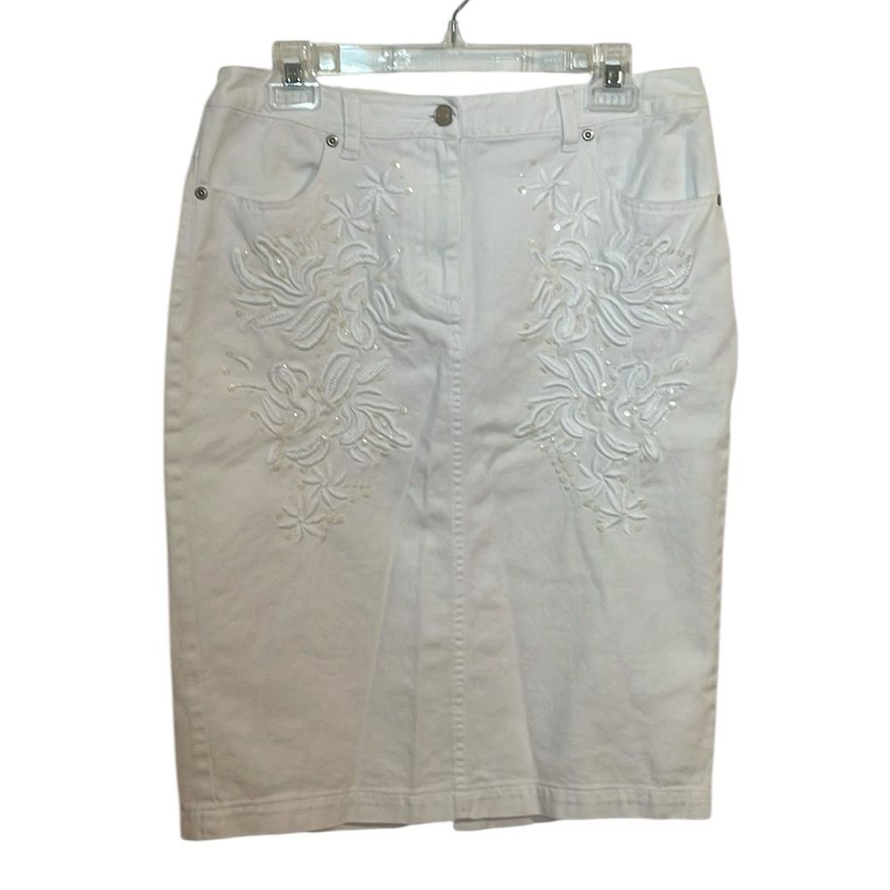 Vintage Embroidered Sequined Newport News White Denim Cotton Skirt, 10